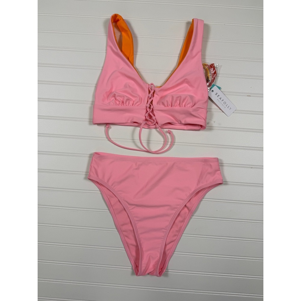 Seafolly Bikini Lace Up Front High Cut Colorblock Pink Orange Barbiecore w/flaws